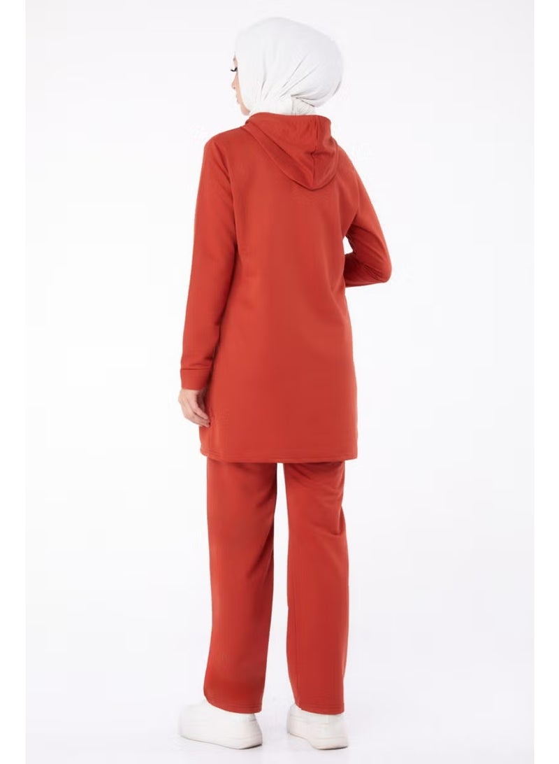 Tofisa Plain Hooded Collar Women's Brick Embroidered Two Piece Suit - 13276 - Image 4