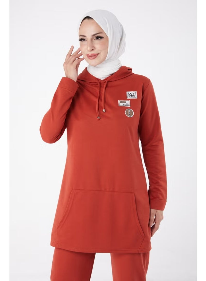 Tofisa Plain Hooded Collar Women's Brick Embroidered Two Piece Suit - 13276 - Image 1