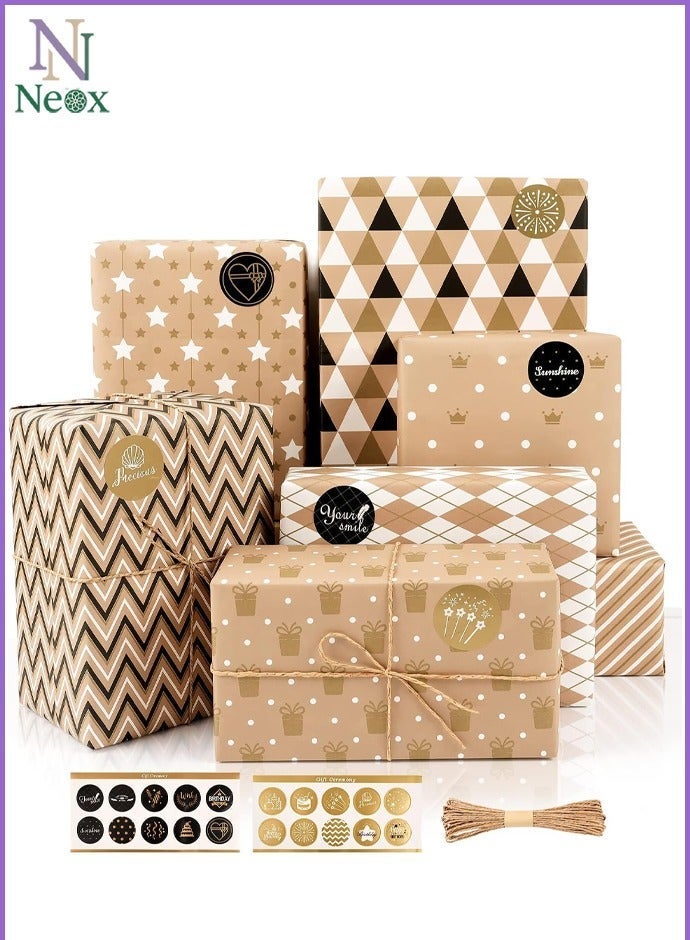Neox 7 Sheets Gift Wrapping Paper with Ribbon Sticker Tape Set, Durable Gift Wrap Set for Birthday Party, Valentines Day, Wedding, Baby Shower, Bridal Shower, Graduation 50 cm X 70 cm - Image 1