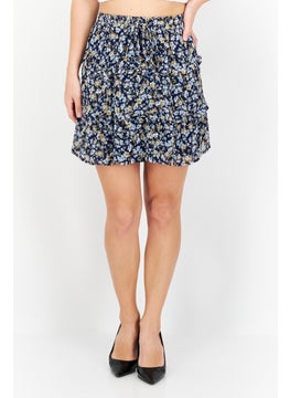 Women Floral Print Mini Skirt, Navy Blue Combo