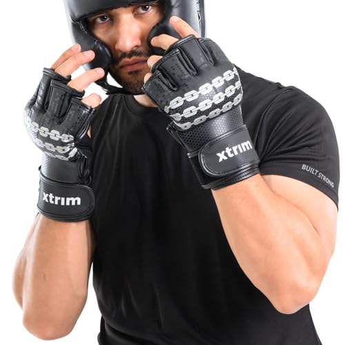 Xtrim MMA Kickboxing Gloves for Men, Half-Finger Length with Thumb Coverage, Thick Padding, Wrist Support, PU Leather, Breathable Open Palm, Sweat-Wicking, Boxing, Muay Thai, Taekwondo Training Mitts - Image 1