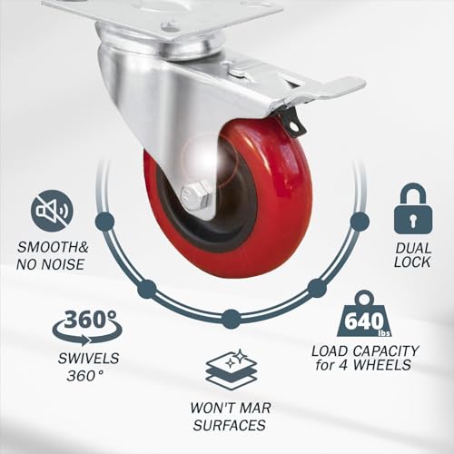 POWERTEC عجلات دوارة POWERTEC 3 بوصة مجموعة من 4 مع فرامل و 640 رطل، عجلات ثقيلة التحمل، عجلات PU مزدوجة القفل للأثاث، العربات، الدمى وطاولات العمل (17205) - Image 2