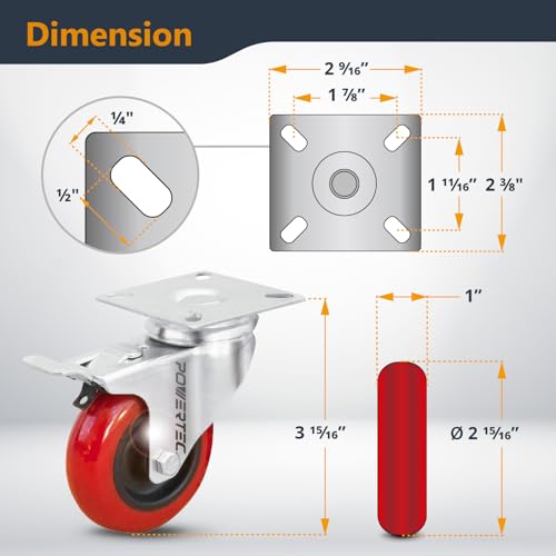 POWERTEC عجلات دوارة POWERTEC 3 بوصة مجموعة من 4 مع فرامل و 640 رطل، عجلات ثقيلة التحمل، عجلات PU مزدوجة القفل للأثاث، العربات، الدمى وطاولات العمل (17205) - Image 5