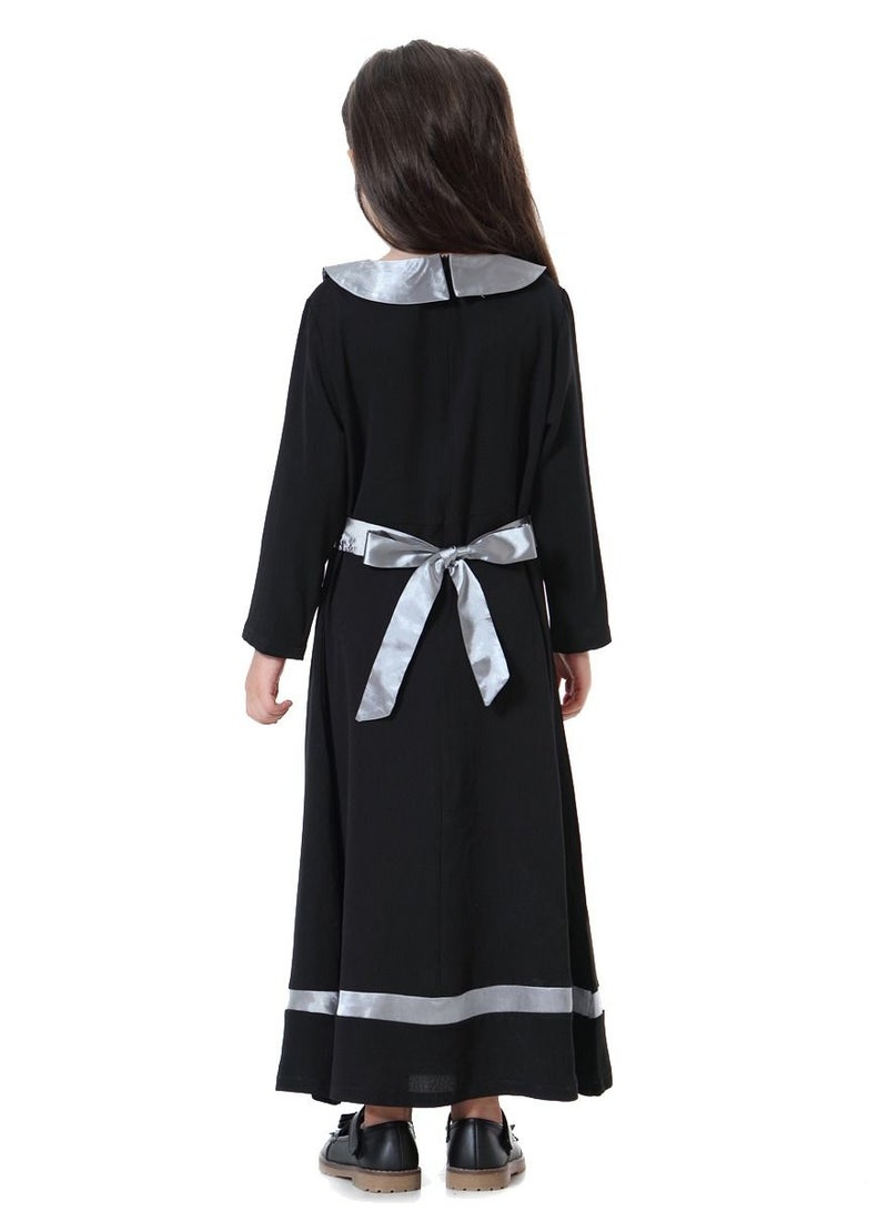 Loquat Girl's Round Neck Long Sleeve Maxi Dress With Belt Black/Silver  - Image 2