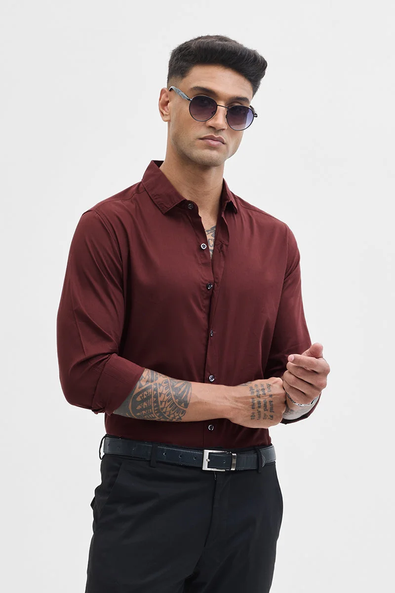 SNITCH Burgundy Solid Long Sleeve Slim Fit Formal Shirt