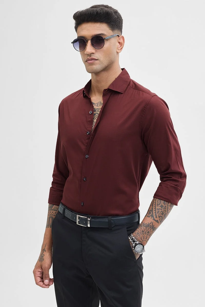 SNITCH Burgundy Solid Long Sleeve Slim Fit Formal Shirt