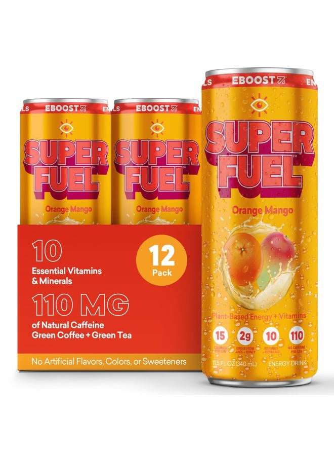 EBOOST Super Fuel Natural Energy Drink - Orange Mango - 12 Pack x 11.5 Fl Oz - Natural Caffeine from Coffee and Green Tea - Essential Electrolytes, Nootropics, and Vitamins - Sports Preworkout Drink - Image 1