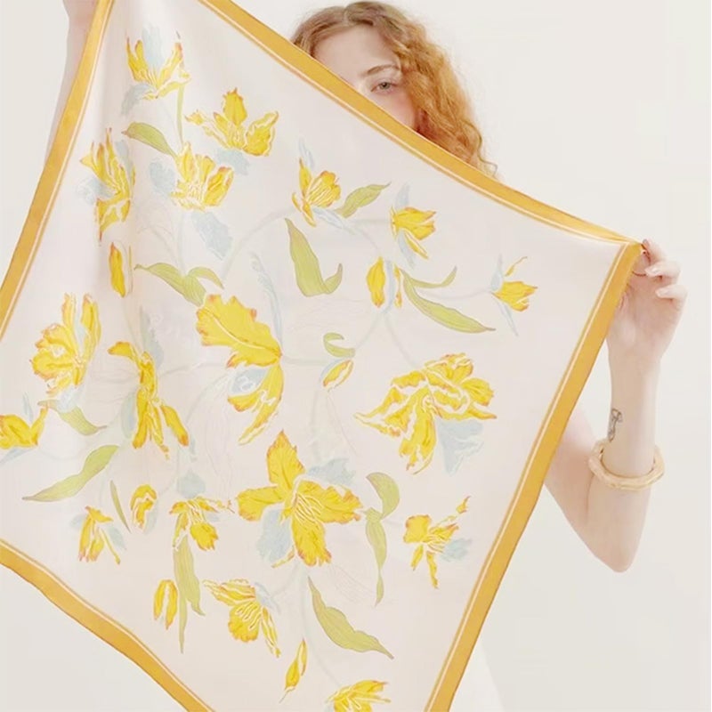 vimate Yellow Satin Scarf - 27Ã—27'' Square Satin Head Scarf Silk Feeling Neck Scarf Floral Bandana for Women (Style 36) - Image 4