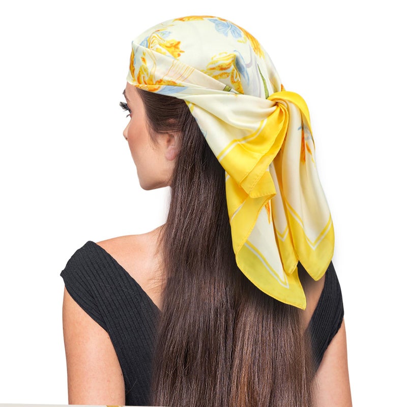 vimate Yellow Satin Scarf - 27Ã—27'' Square Satin Head Scarf Silk Feeling Neck Scarf Floral Bandana for Women (Style 36) - Image 2