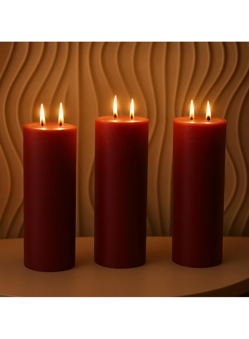 Handmade Set of 3 Unscented Pillar Candles – Dual Wick – Burgundy Maroon – 8 x 25 cm - Image 1