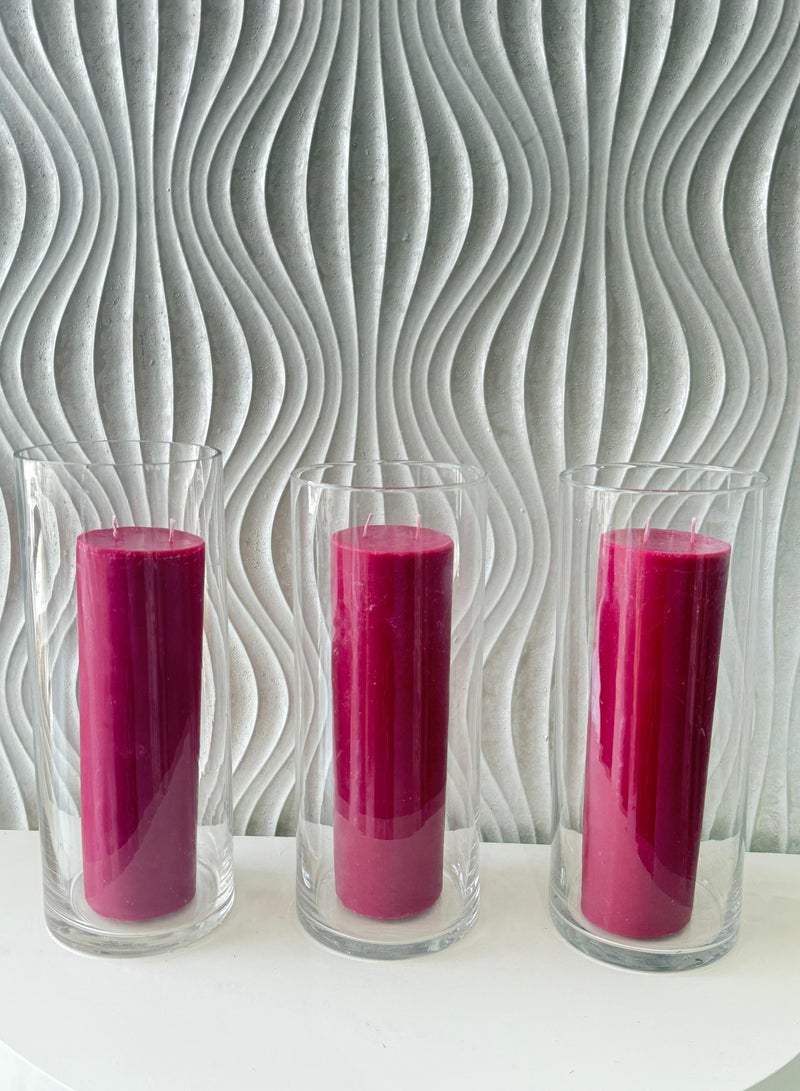 Handmade Set of 3 Unscented Pillar Candles – Dual Wick – Burgundy Maroon – 8 x 25 cm - Image 3