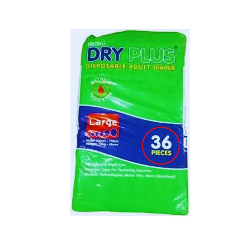 Dry Plus Disposable Adult Diapers - 36 Pieces - Large - 100-170cm for Men and Women