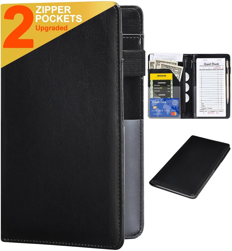 HerriaT Server Books for Waitress - Leather Waiter Book Server Wallet with Zipper Pocket, Cute Waitstaff Organizer with Money Pocket Fit Waitress Apronï¼ˆClassic Blackï¼‰ - Image 1