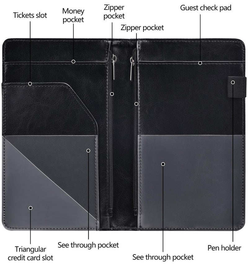 HerriaT Server Books for Waitress - Leather Waiter Book Server Wallet with Zipper Pocket, Cute Waitstaff Organizer with Money Pocket Fit Waitress Apronï¼ˆClassic Blackï¼‰ - Image 3