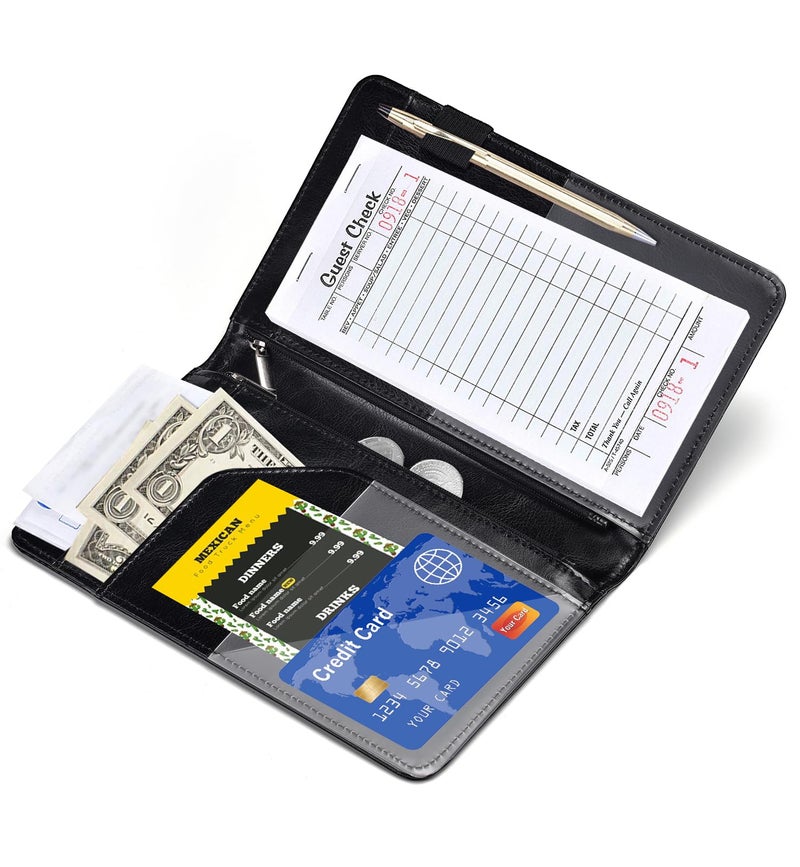 HerriaT Server Books for Waitress - Leather Waiter Book Server Wallet with Zipper Pocket, Cute Waitstaff Organizer with Money Pocket Fit Waitress Apronï¼ˆClassic Blackï¼‰ - Image 4