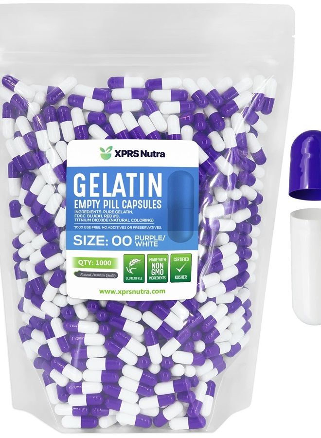 XPRS Nutra Size 00 Empty Capsules - 1000 Count Empty Gelatin Capsules - Empty Pill Capsules - DIY Capsule Filling - Fillable Pill Capsules Empty Gel Caps (Purple/White)