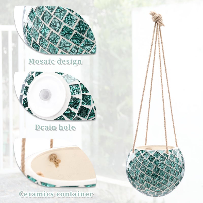 Chonsun Ceramic Hanging Planter Mosaic Hanging Flower Pot Small Plant Pot for Indoor Plant Disco Ball Planter with Drainage - Image 3