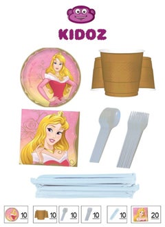 Disney Princess Aurora Theme Tableware and Party Supplies Set for Birthday Parties and Kids' Parties for Boys and Girls - 60 Complete Pieces Including Plates, Cups, Napkins, Spoons, Forks, and Knives for 8 Children!