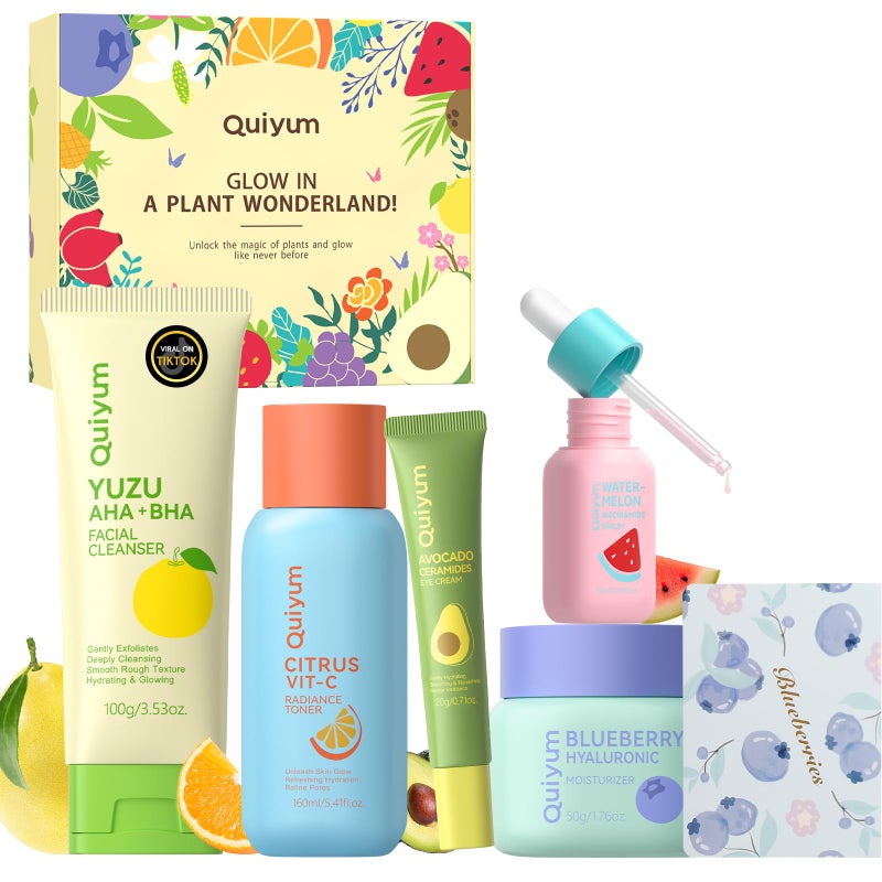 QUIYUM Fruit Skin Care Set, 5 Pcs Daily Routine Beauty Skin Care for Teens Girls - Gentle Skincare Gift Sets, Facial Care Set for Women, Mother's Day Birthday Gift, Stocking Stuffers, Full Size - Image 1