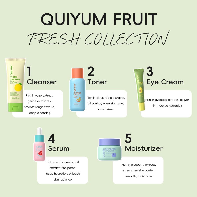 QUIYUM Fruit Skin Care Set, 5 Pcs Daily Routine Beauty Skin Care for Teens Girls - Gentle Skincare Gift Sets, Facial Care Set for Women, Mother's Day Birthday Gift, Stocking Stuffers, Full Size - Image 2