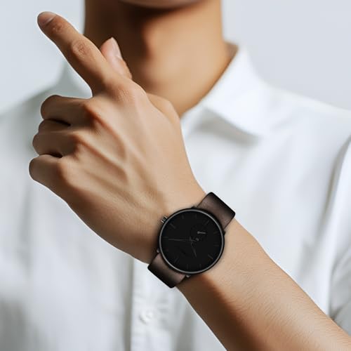 FIZILI Mens Watches Ultra-Thin Minimalist Waterproof-Fashion Wrist Watch for Men Unisex Dress with Leather Band-Black Hands （Brown Leather） - Image 3