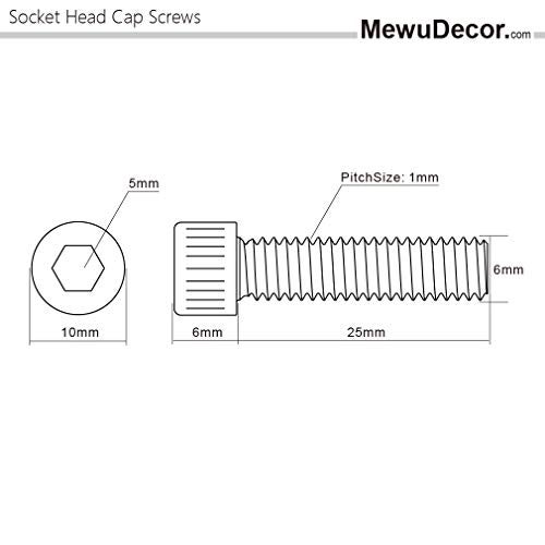 MewuDecor M6-1.0 x 25mm Socket Head Cap Screws Metric, Allen Socket Drive, Stainless Steel 18-8 (304), Full Thread, Bright Finish, Machine Thread, 20 PCS - Image 2