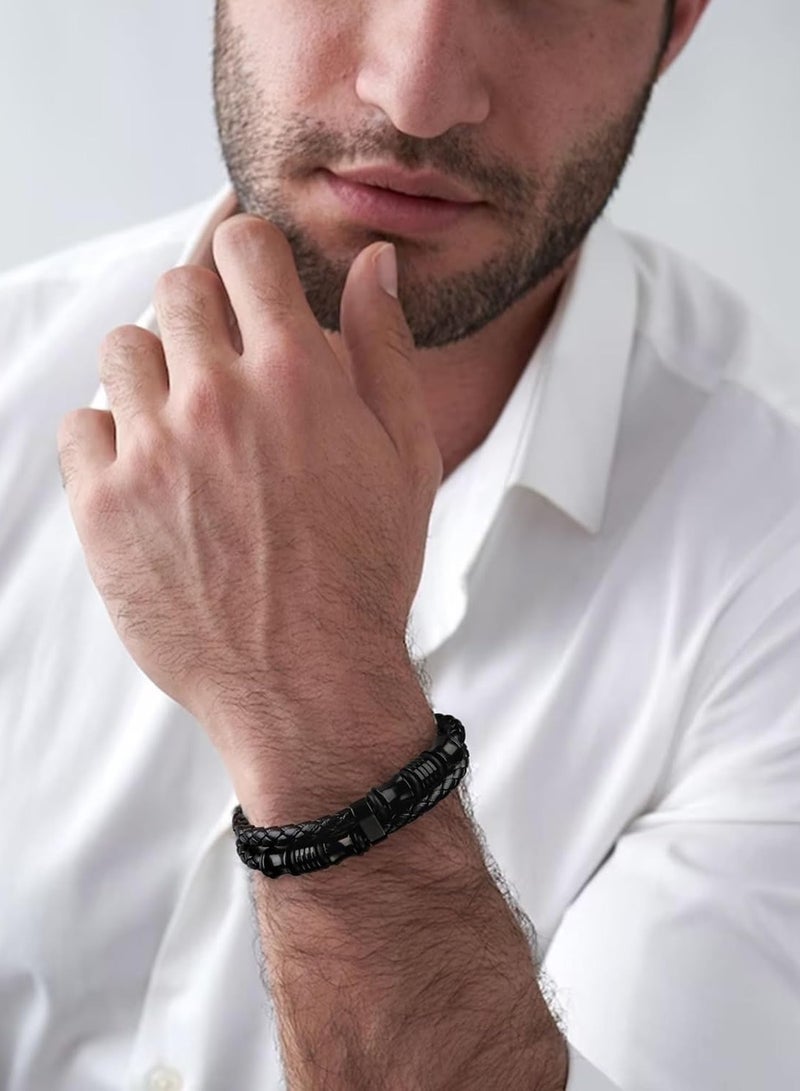 JEEJPV Black Leather Bracelets for men Handmade Jewelry, Mens Bracelets Anniversary Graduation Back to School  - Image 2