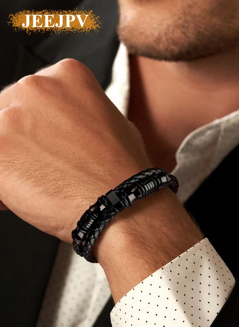 JEEJPV Black Leather Bracelets for men Handmade Jewelry, Mens Bracelets Anniversary Graduation Back to School  - Image 1