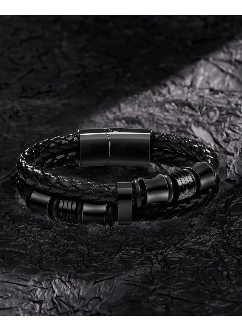 JEEJPV Black Leather Bracelets for men Handmade Jewelry, Mens Bracelets Anniversary Graduation Back to School  - Image 4
