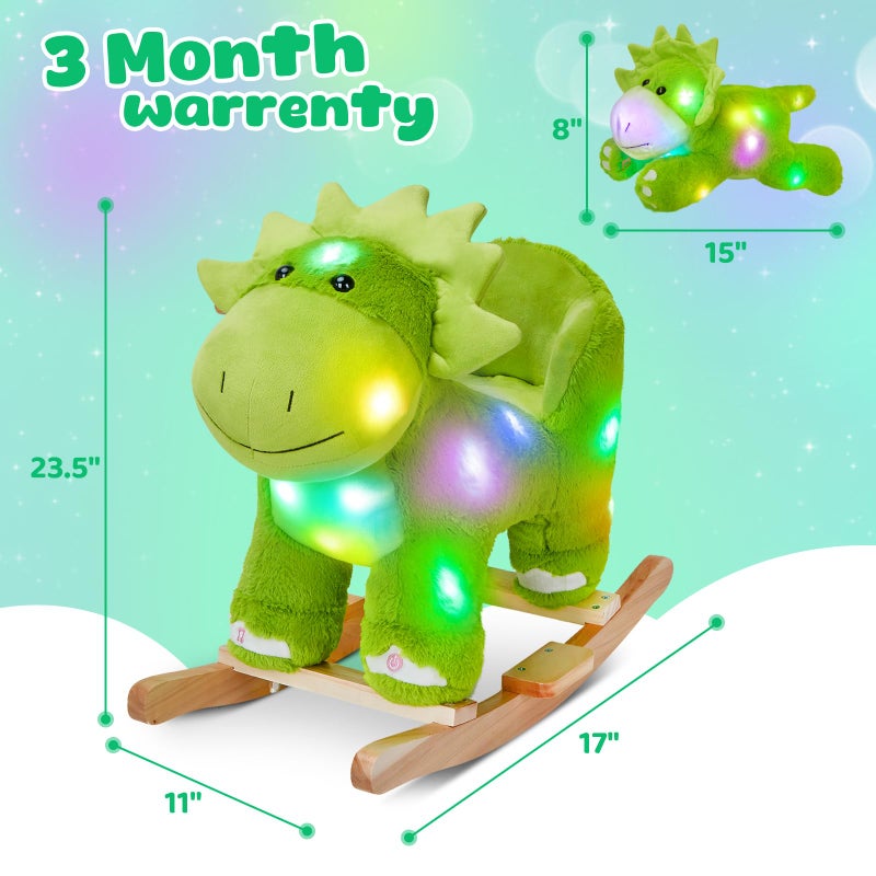 Glow Guards Light up Music Dinosaur Rocking Horse Stuffed Animal Set of 2 with Glowing Singing Dinosaur Plush Toy Wooden Chair Seat Ride on Toys Gift for Ages 13 Toddlers Kids Baby Dinosaur - Image 3
