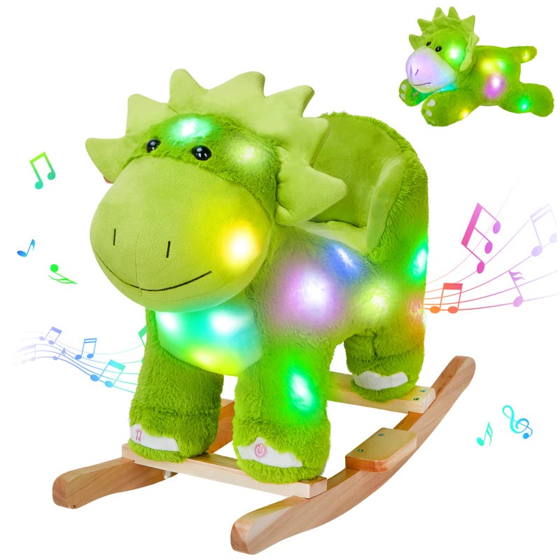 Glow Guards Light up Music Dinosaur Rocking Horse Stuffed Animal Set of 2 with Glowing Singing Dinosaur Plush Toy Wooden Chair Seat Ride on Toys Gift for Ages 13 Toddlers Kids Baby Dinosaur - Image 2