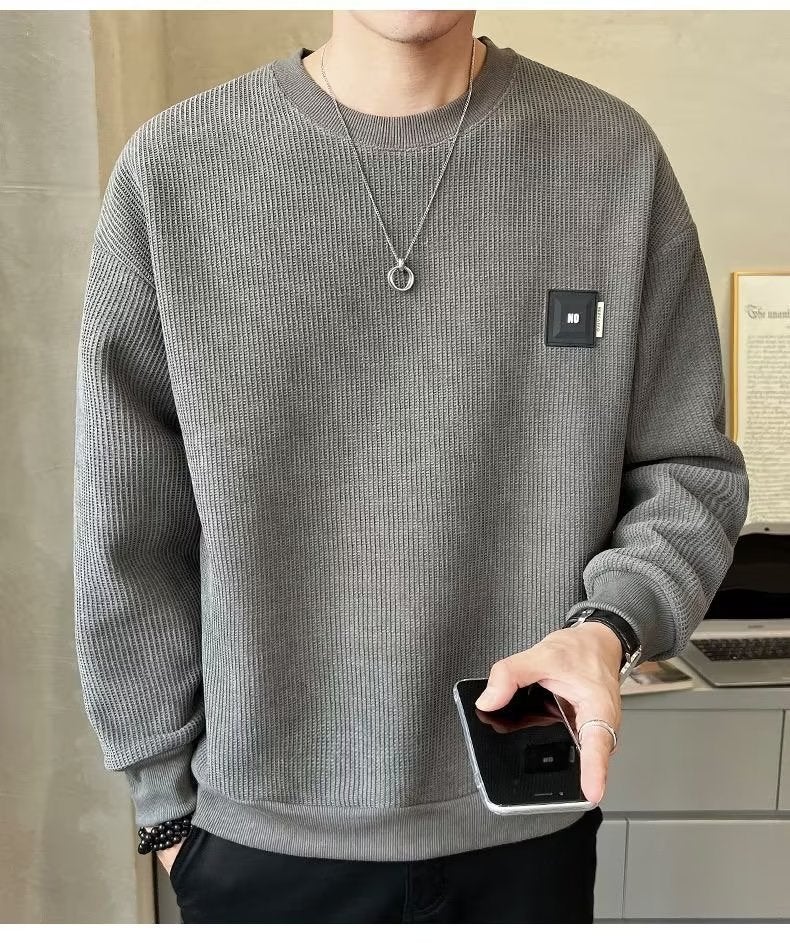 Mens Waffle Knit Crewneck Sweatshirt Long Sleeve Tee Autumn Blue - Image 3
