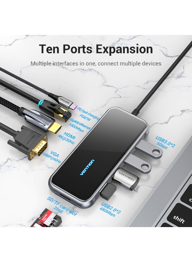 VENTION Multi-function USB-C to HDMI/ VGA/USB3.0*2/USB2.0*2/RJ45/TF/SD/PD Docking Station 0.15M Gray Mirrored Surface Type Model # TFGHB - Image 3