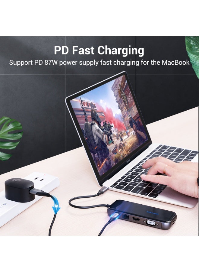 VENTION Multi-function USB-C to HDMI/ VGA/USB3.0*2/USB2.0*2/RJ45/TF/SD/PD Docking Station 0.15M Gray Mirrored Surface Type Model # TFGHB - Image 4