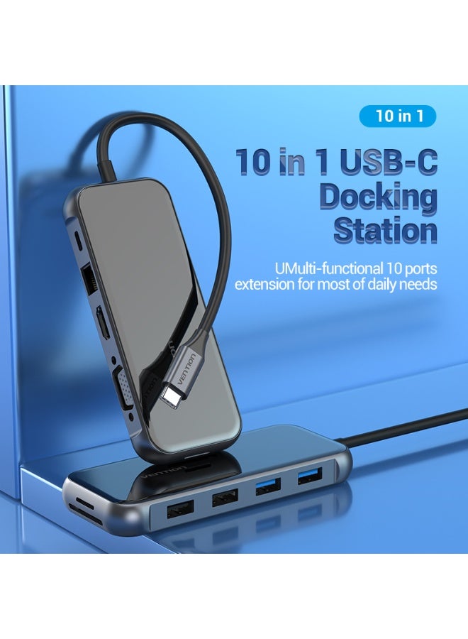 VENTION Multi-function USB-C to HDMI/ VGA/USB3.0*2/USB2.0*2/RJ45/TF/SD/PD Docking Station 0.15M Gray Mirrored Surface Type Model # TFGHB - Image 2