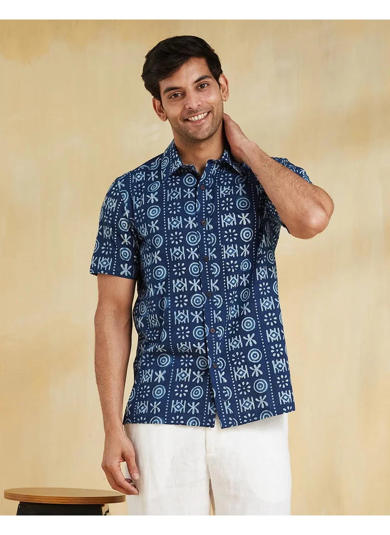 Fabindia Indigo Cotton Dabu Printed Shirt
