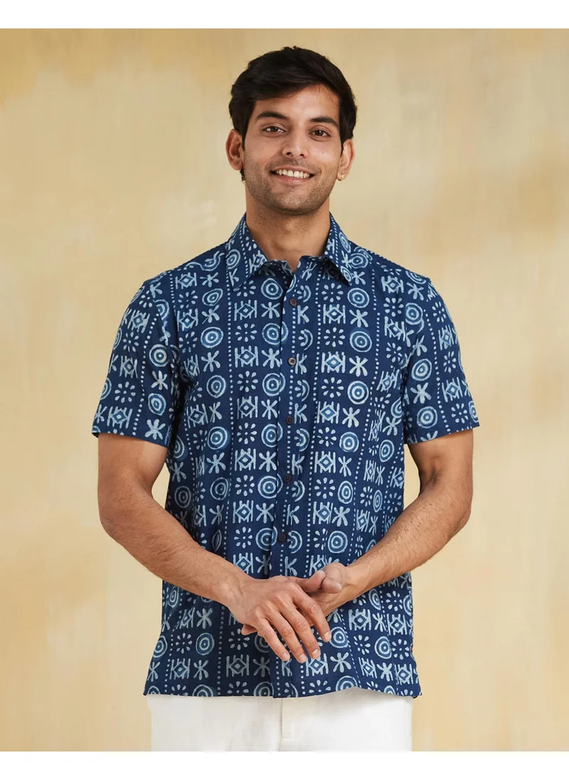 Fabindia Indigo Cotton Dabu Printed Shirt