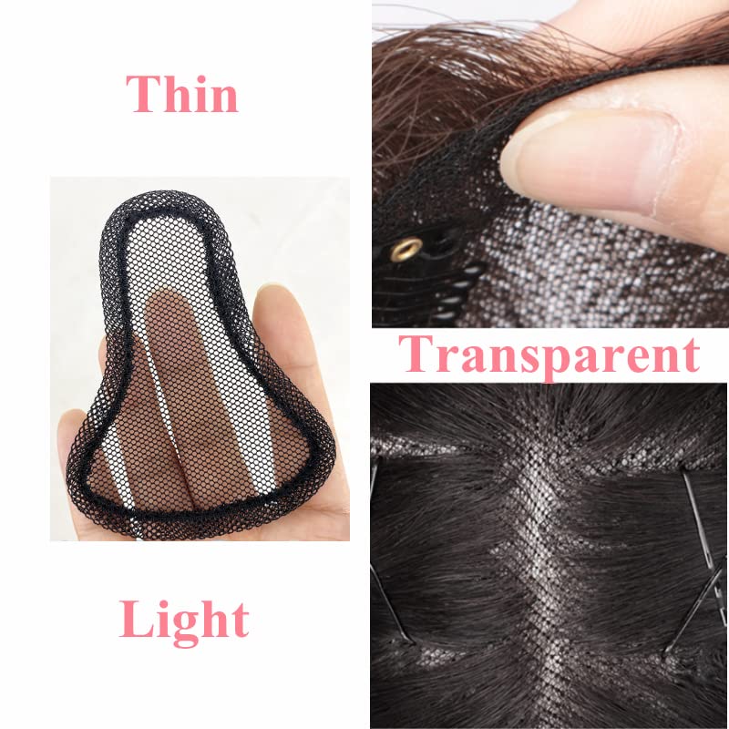 ANEMONE Hand-woven Lace Human Hair Toppers Clip In Brazilian Natural Hairpieces Women Straight Cover Grey Hair Loss (7 * 9 Black Air Bangs) - Image 2