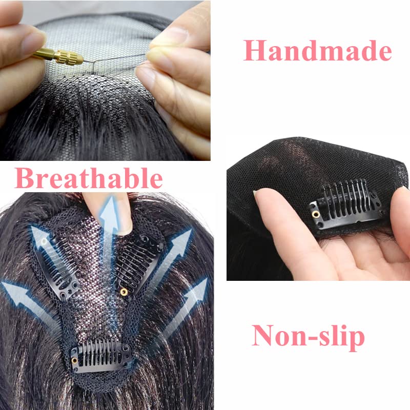 ANEMONE Hand-woven Lace Human Hair Toppers Clip In Brazilian Natural Hairpieces Women Straight Cover Grey Hair Loss (7 * 9 Black Air Bangs) - Image 3