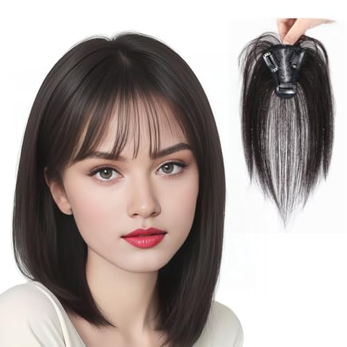 ANEMONE Hand-woven Lace Human Hair Toppers Clip In Brazilian Natural Hairpieces Women Straight Cover Grey Hair Loss (7 * 9 Black Air Bangs) - Image 1