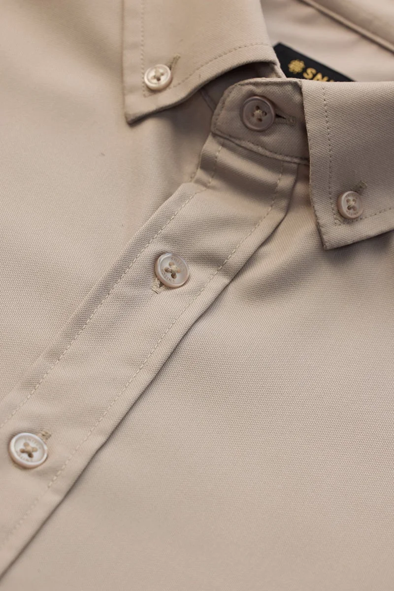 SNITCH Beige Solid Long Sleeve Slim Fit Luxe Shirt