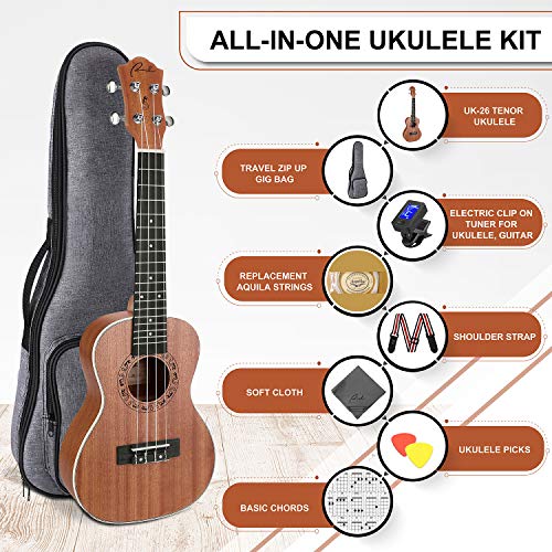 Ranch Tenor Ukulele 26 inch Wooden Professional ukelele Instrument Kit with 12 Online Lessons Small Hawaiian Guitar ukalalee Starter Pack Bundle Ukele Gig bag, Tuner, Strap, Aquila Strings Set - Image 2