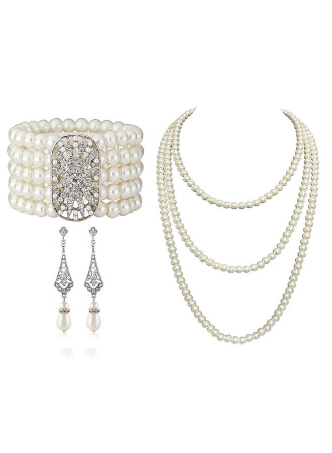 Cizoe Art Deco 20s 30s Flapper Acessories Jewelry Set Great Gatsby Inspired Bridal Pearl Elastic 20s Pearl Bracelet Bangle Long Pearl Necklace Rhinestone Pearl Earrings for Women and Girls, Normal, - Image 1
