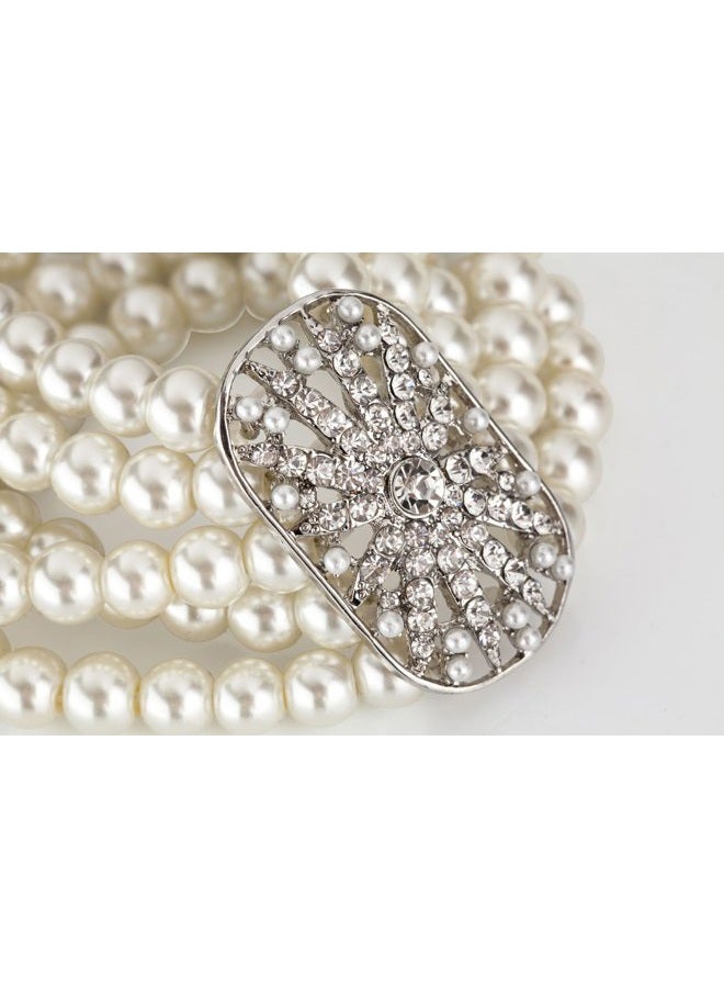 Cizoe Art Deco 20s 30s Flapper Acessories Jewelry Set Great Gatsby Inspired Bridal Pearl Elastic 20s Pearl Bracelet Bangle Long Pearl Necklace Rhinestone Pearl Earrings for Women and Girls, Normal, - Image 4