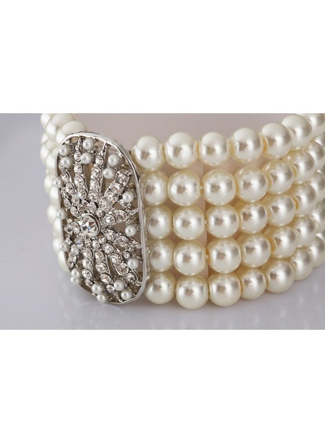 Cizoe Art Deco 20s 30s Flapper Acessories Jewelry Set Great Gatsby Inspired Bridal Pearl Elastic 20s Pearl Bracelet Bangle Long Pearl Necklace Rhinestone Pearl Earrings for Women and Girls, Normal, - Image 3