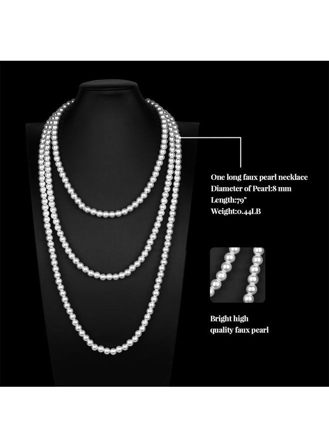 Cizoe Art Deco 20s 30s Flapper Acessories Jewelry Set Great Gatsby Inspired Bridal Pearl Elastic 20s Pearl Bracelet Bangle Long Pearl Necklace Rhinestone Pearl Earrings for Women and Girls, Normal, - Image 5