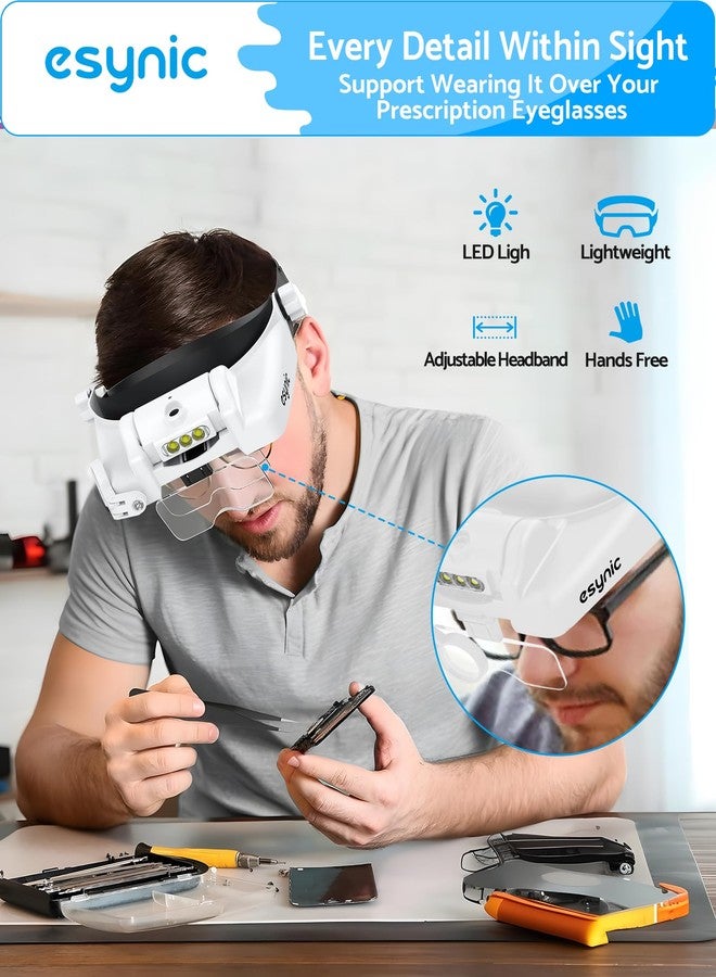 eSynic Type-C Rechargeable Magnifying Glasses Headset-Up to 14X Magnification with 5 Interchangeable Lense-3 LED Lights with 2 Adjustable Brightness Levels-Comfort & Fit Headband for Crafts/Reading - Image 2