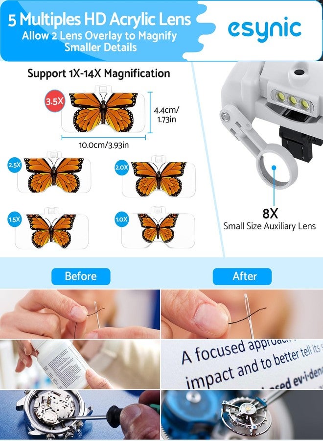 eSynic Type-C Rechargeable Magnifying Glasses Headset-Up to 14X Magnification with 5 Interchangeable Lense-3 LED Lights with 2 Adjustable Brightness Levels-Comfort & Fit Headband for Crafts/Reading - Image 3