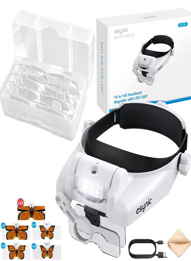 eSynic Type-C Rechargeable Magnifying Glasses Headset-Up to 14X Magnification with 5 Interchangeable Lense-3 LED Lights with 2 Adjustable Brightness Levels-Comfort & Fit Headband for Crafts/Reading - Image 1