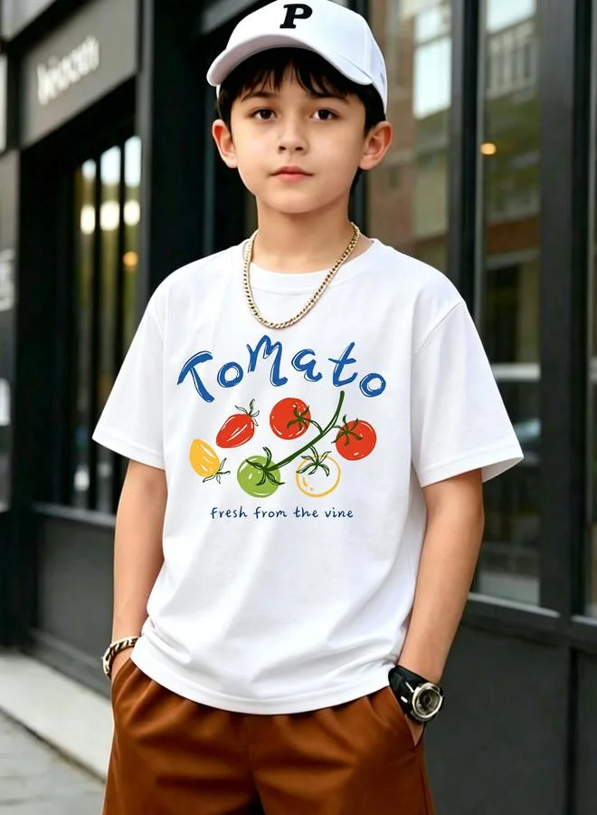 Take Two Kids White Cotton Tomato Print Short Sleeve T-Shirt